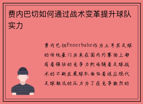 费内巴切如何通过战术变革提升球队实力