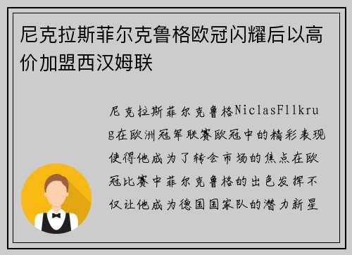 尼克拉斯菲尔克鲁格欧冠闪耀后以高价加盟西汉姆联 尼克拉斯菲尔克鲁格欧冠闪耀后以高价加盟西汉姆联