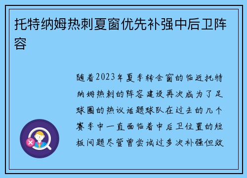 托特纳姆热刺夏窗优先补强中后卫阵容